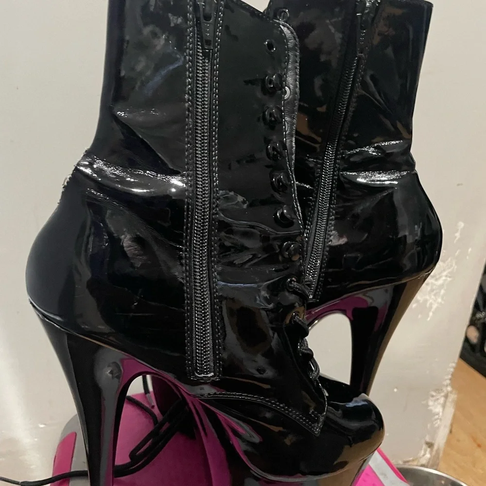 Pleaser Black Patent Platform Lace-Up Stiletto Boots